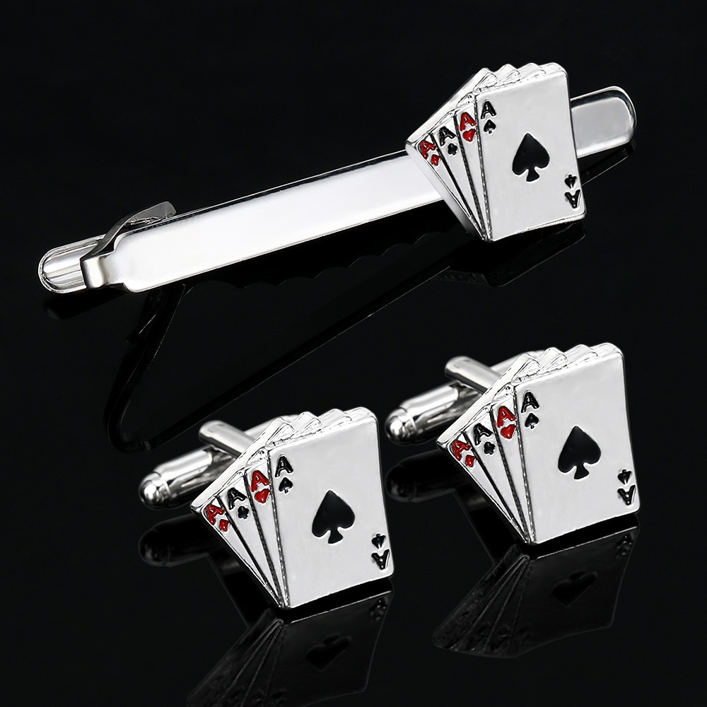 Board Game Card - Kreatives Poker-Karten-Krawattenklammer- und Manschettenknopf-Set für Herren,